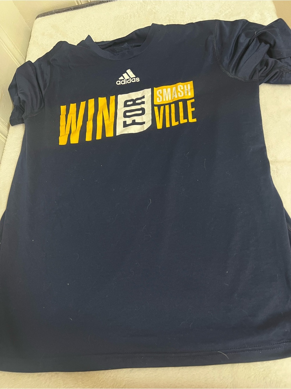adidas Navy Short Sleeve Tee with Yellow & White 'WIN FOR SMASH VILLE' Graphic